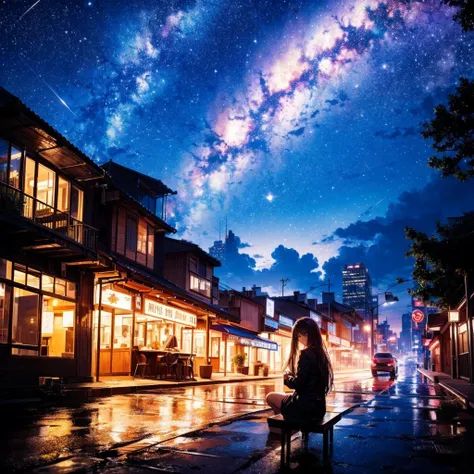 Octane, null, star (null), scenery, starry null, night, One girl, night null, alone, Outdoor, building, cloud, milky way, Sitting, wood, Long Hair, city, silhouette, cityscape、beautiful girl、Swaying hair、Sparkling