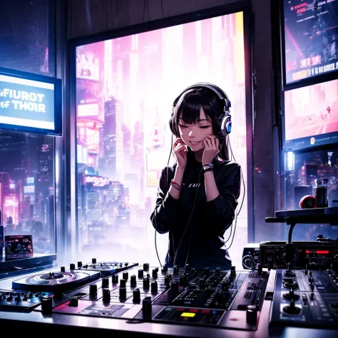 Fun, dj, DTM, Enjoying alone in your room, One girl, alone, Headphones, Long Hair, silhouette,DJ,