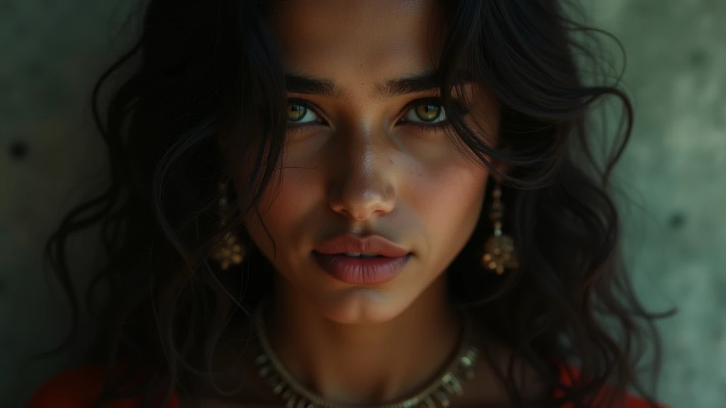 a beautiful mysterious Indian woman, Western fashion, intricate detailed face, piercing eyes, long eyelashes, delicate skin, natural beauty, flowing hair, candid elegant pose, dramatic lighting, cinematic mood, muted color palette, chiaroscuro lighting, hi...