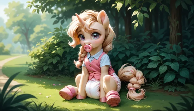 pony, light caramel unicorn, adult filly, plum eyes, lush mane braided, bushy tail, sitting outside, dressed in a hot pink vest and pink booties, pink pacifier in mouth, solo, thick light pink diaper under clothes.