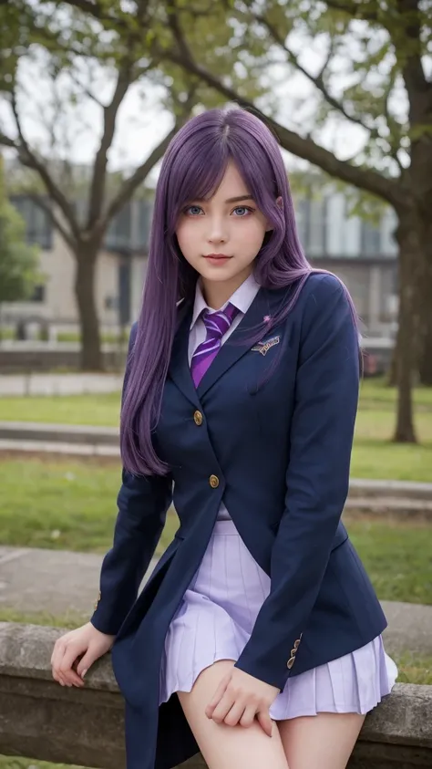 European girl.  Facial details.  Delicate facial features.  Half-closed eyes.  blue eyes.  Long Straight Hairstyle. Purple Hair.  A calm face. ((Sexy and dynamic pose)). (School uniform). Beautiful thighs. Beautiful bust. Beautiful background. 