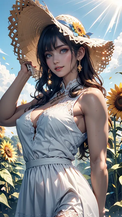 Fuwa Aika,One girl,alone, (White lace dress:1.2),loose fitting dress (sun visor hat:1.2), Sunflower field, Under the sunlight, A light smile,View your viewers, Wind, dynamic, Strong light and shadow,dynamic pose,Nipple swelling emphasis