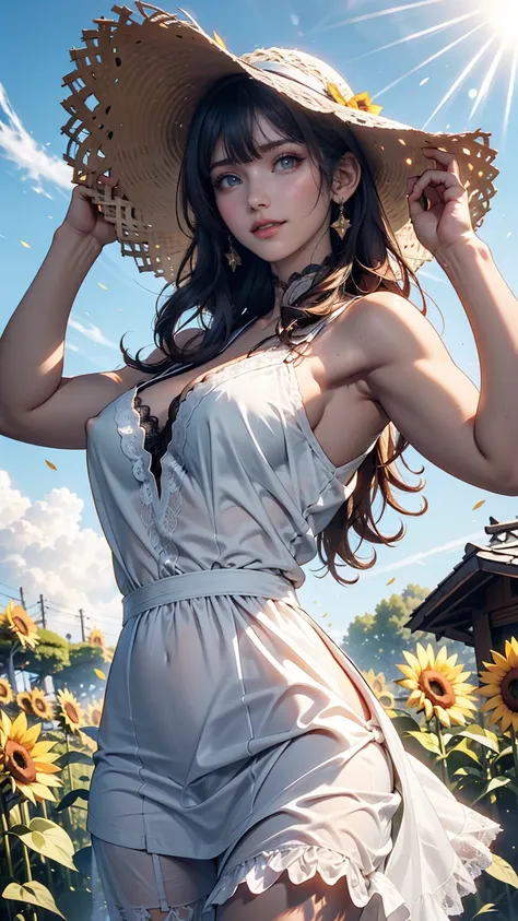 Fuwa Aika,One girl,alone, (White lace dress:1.2),loose fitting dress (sun visor hat:1.2), Sunflower field, Under the sunlight, A light smile,View your viewers, Wind, dynamic, Strong light and shadow,dynamic pose,Nipple swelling emphasis