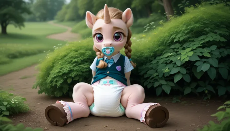 pony, light caramel unicorn, adult filly, plum eyes, lush mane braided, bushy tail, sitting outside, dressed in a vest and booties, pacifier in mouth, solo, thick diaper under clothes, bulge on the back of the diaper, between the hind hooves and on the fro...