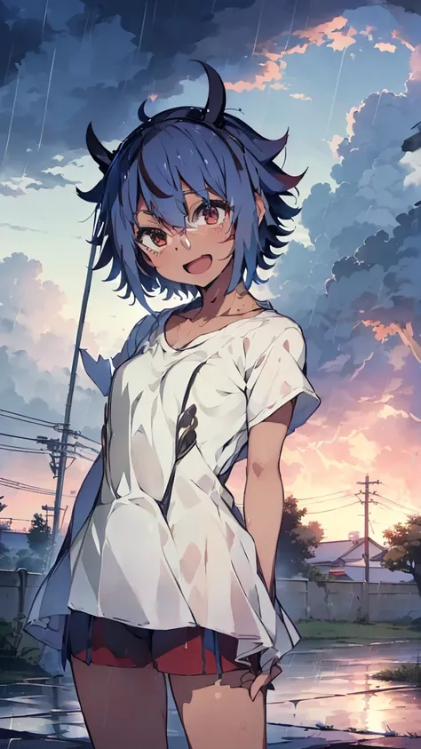 masterpiece, Highest quality, High resolution, Very detailed,(((Mikoto Naruka))), (((laughing。)))、(((Standing in the distance))), (((Facing forward。))), (((thunderstorm))), (((Electric pole))), (((White T-shirt))), (((Sheltering from the rain。))), (((Again...