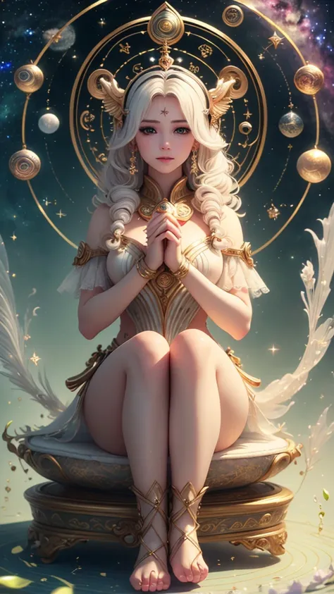 (masterpiece、Highest quality、Highest quality、Beautiful and beautiful:1.2)、Focus on the eyes、The delicate story of a girl with milky white hair、Astrologer costume、lime、Beautiful Eyes、lips、Fog rising from the feet、(((Perfect hands)))、12 Zodiac Signs、Going ar...