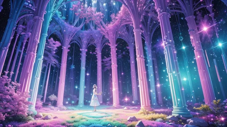 ((masterpiece)),((highest quality)),((high detail)),nobody, Magical space, A mysterious space, Pastel-colored forest, colorful, Jewel Tree, A lot of gems, Sparkling, Shining Wind