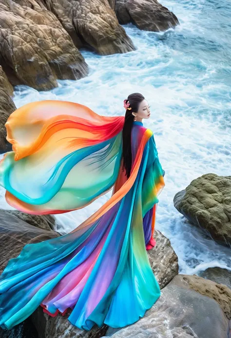 A woman standing on colorful rocks，The silk cape on the body is seamlessly connected with the colorful rocks，All in one piece，Colorful Rock Cloak，Typical oriental woman，Colorful brushed sea surface，Flowing and smooth，Surreal photography，A perfect combinati...