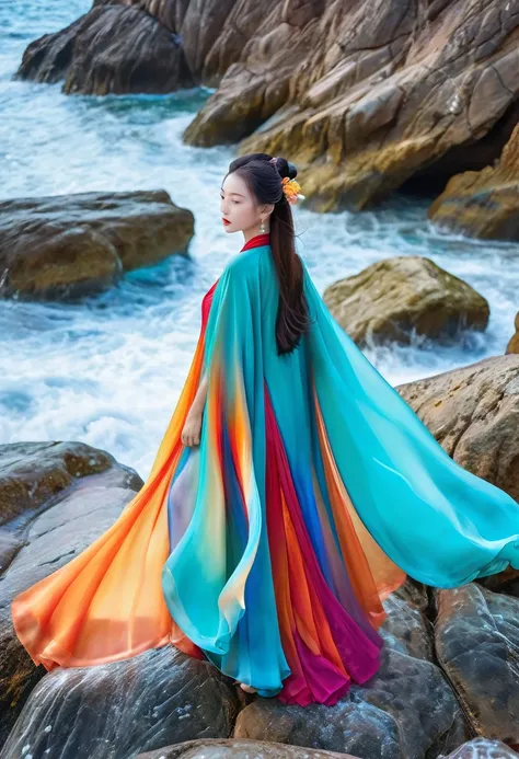 A woman standing on colorful rocks，The silk cape on the body is seamlessly connected with the colorful rocks，All in one piece，Colorful Rock Cloak，Typical oriental woman，Colorful brushed sea surface，Flowing and smooth，Surreal photography，A perfect combinati...