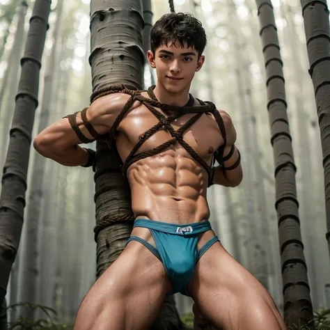  (((19 year old boy, skinny, lean, twink))), (((wearing gym speedos)))  kneeling, ((((Trussed up completely with rope)))), ((((very tight rope crossed over chest)))), (((very tight ropes crossed over   abs))). (((body in tight shibari ropes))) sweating, we...