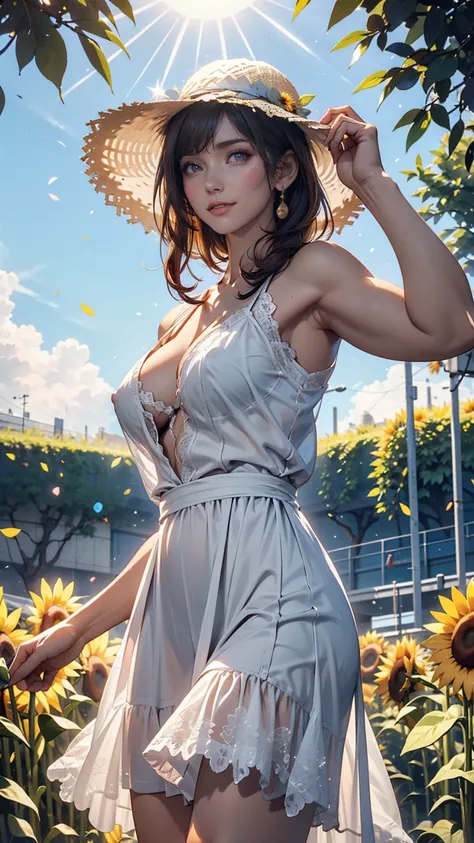 Fuwa Aika,One girl,alone, (White lace dress:1.2),loose fitting dress (sun visor hat:1.2), Sunflower field, Under the sunlight, A light smile,View your viewers, Wind, dynamic, Strong light and shadow,dynamic pose,No bra、Nipple swelling emphasis