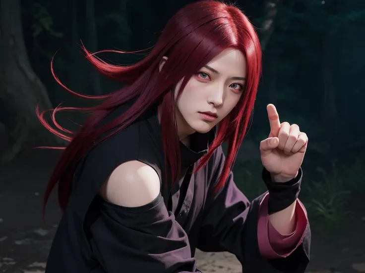 anime character with red hair and purple eyes pointing at something, madara uchiha, from naruto, itatchi uchiha, itachi uchiha, ryuu, itachi, sasuke uchiha, badass pose, with index finger, akatsuki akira, sakura haruno in slug sage mode, pain from naruto, ...