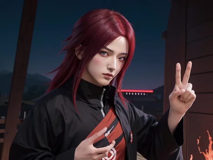 anime character with red hair and purple eyes pointing at something, madara uchiha, from naruto, itatchi uchiha, itachi uchiha, ryuu, itachi, sasuke uchiha, badass pose, with index finger, akatsuki akira, sakura haruno in slug sage mode, pain from naruto, ...