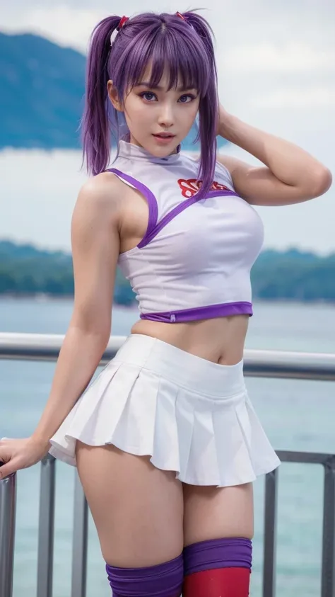 Ayane, purple hair, red eyes, (best quality, ultra-detailed), (realistic:1.37), beautiful and detailed face, ultra-realistic texture, delicate face, delicate body, red lipstick, long-lasting colors. high definition, 8K. expression with a sexy look