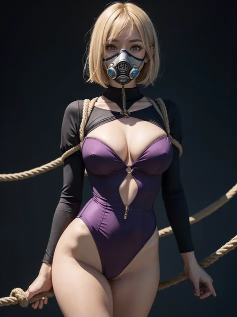 1girl, solo, purple_eyes, orange_background, looking_at_viewer, short_hair, bound, leotard, mask, highleg, bdsm, blonde_hair, bondage, blue_leotard, rope, arms_behind_back, simple_background, highleg_leotard, bangs, breasts, ass_visible_through_thighs, det...