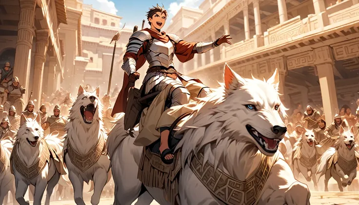 Silver armored soldiers, riding big white wolves, the army stands in order, the atmosphere of the ancient city, the lively community, riding big wolves, children having fun.