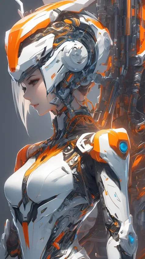 Here is a detailed description of the character in the image:

### Head:
- **Helmet**: The helmet is predominantly orange with intricate geometric patterns.
- **Faceplate**: The faceplate is white with angular eye openings Here is a detailed description of...