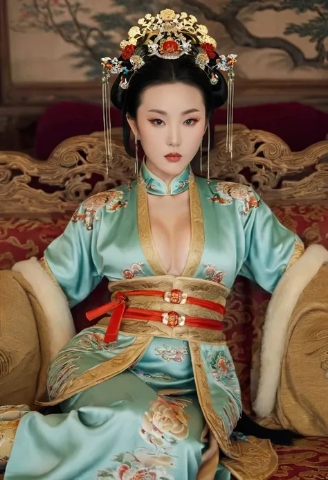 Gorgeous Empress of the Chinese Court during the Qing Dynasty Gorgeous Empress of the Chinese Court on a sofa, nude, large and golden, with her legs on the sofa, wide open, knees bent, in an M pose (pornographic pose), with her hair tied on both sides The ...