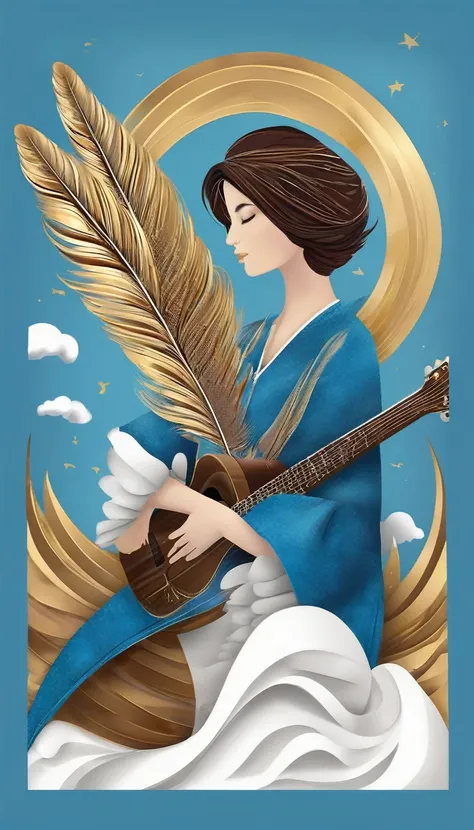 Penamemoria Debut album. A fantasy feather that is the symbol for storytelling, human stories, fantasy, birds, human race, a boy with creativity. Music and a brown acoustic guitar. White-Blue-Golden Background. White-blue-golden feather