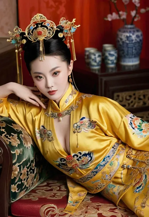 Gorgeous Empress of the Chinese Court during the Qing Dynasty Gorgeous Empress of the Chinese Court on a sofa, nude, large and golden, with her legs on the sofa, wide open, knees bent, in an M pose (pornographic pose), with her hair tied on both sides The ...