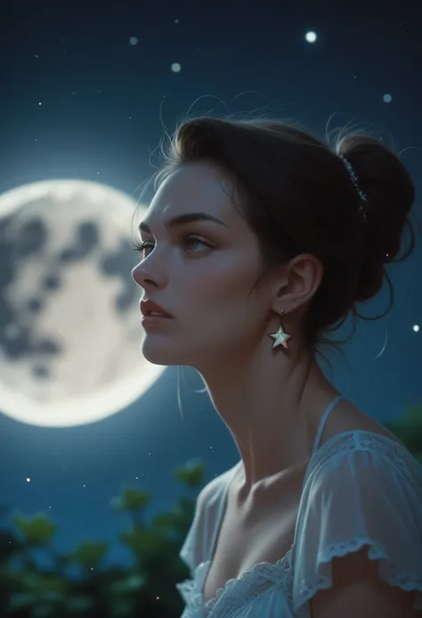 a beautiful woman, telling a secrets,((( in the background the full moon, night and stars)))