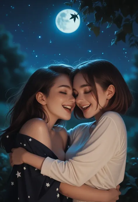 two beautiful women hugging and laughing ,((( in the background the full moon, night and stars)))