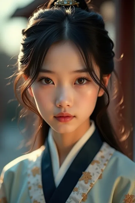 1 Girl,whole body,Extremely detailed face, Beautiful and delicate eyes,There is light on the face,Movie Lighting,Looking at the audience,outdoor,Black Hair,(Black Chinese Building:0.05),Hanfu,