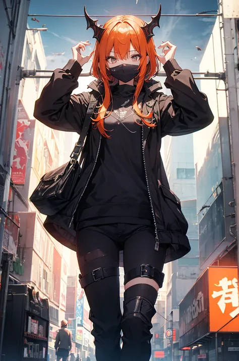 （Highest quality、High resolution、8k、mysterious、masterpiece：1.2）。Gatekeeper of Hell。In front of the gate that emits an evil aura、A woman wearing a cyberpunk orange mask is standing。She&#39;s curvy yet slender。Smiling and showing teeth。The beauty of lighting...