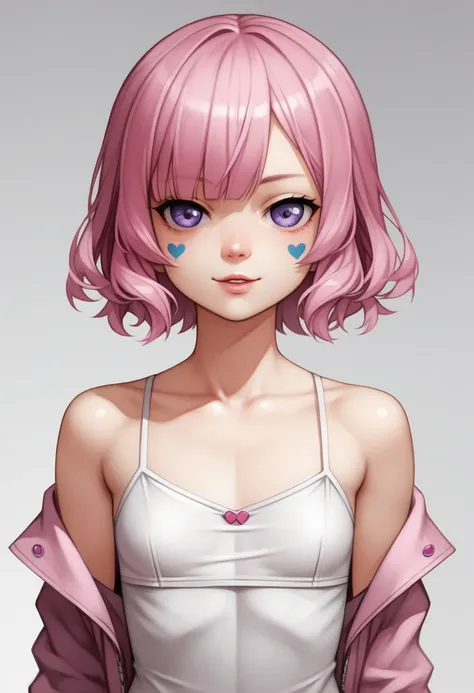 UHD, masterpiece, best quality, extremely detailed, anatomically correct, sharp focus, messy bedroom background, 1girl, solo, camilavtuber, pink hair, short hair, shoulder length hair, purple eyes, facial mark, black head wings, pink shirt, slim arms, smal...