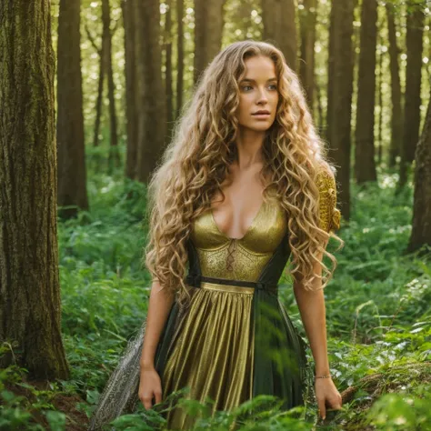 Woman Young 
very beautiful long curly blonde hair medieval warrior golden dress in a fantasy forest