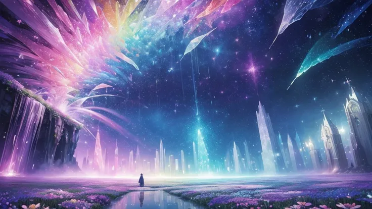 ((masterpiece)),((highest quality)),((high detail)),nobody, Magic Flower, Fantastic landscape, パステルカラーのcrystallization, Pastel colored rain, A lot of gems, crystallization, Sparkling, Shining Wind