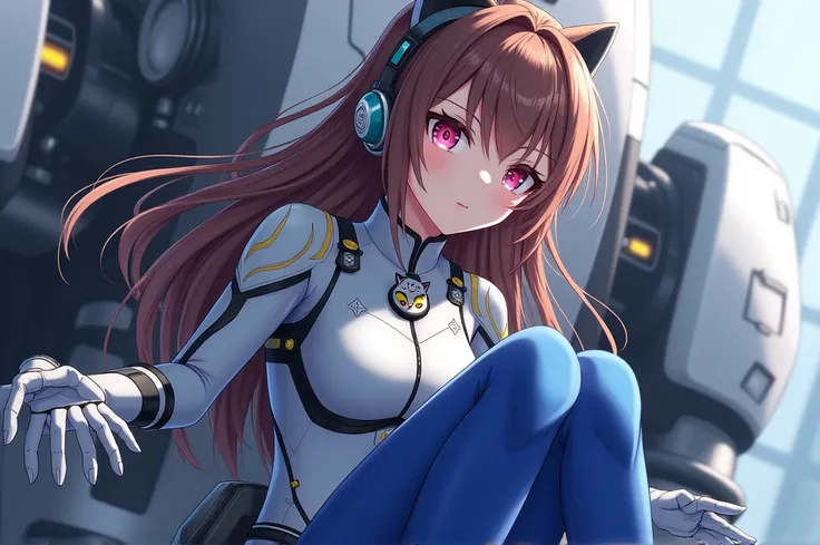 masterpiece, best quality, high resolution,  Super high resolution, Solitary, Mech pilot, d.and, earphone, Pink Eyes, Blue tights, Brown hair, White gloves, cat face decoration,