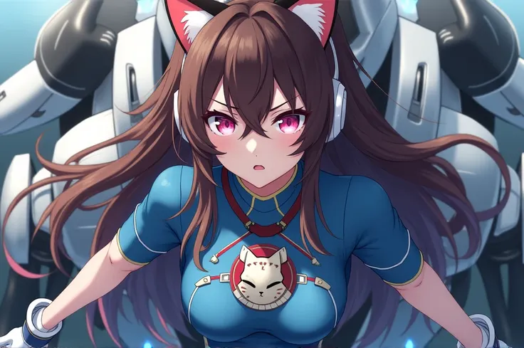 masterpiece, best quality, high resolution,  Super high resolution, Solitary, Mech pilot, d.and, earphone, Pink Eyes, Blue tights, Brown hair, White gloves, cat face decoration,