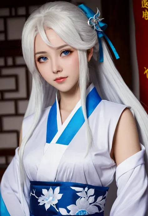 Anime girl, blue eyes, white hair, horny expression on face, matures and Chinese cultivator style clothes and