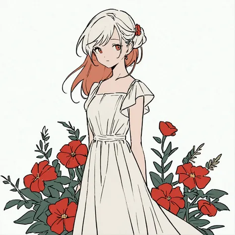 A woman in a white dress, summer, nostalgic, simple and beautiful color scheme, flat color, flowers, chic, red flowers 