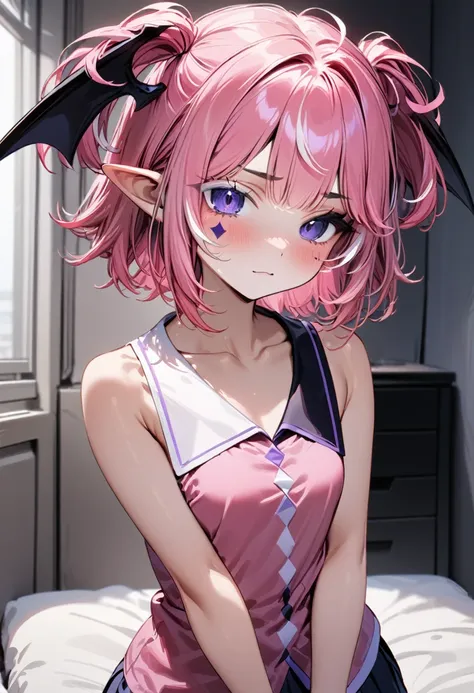 UHD, masterpiece, best quality, extremely detailed, anatomically correct, sharp focus, messy bedroom background, 1girl, solo, camilavtuber, pink hair, short hair, shoulder length hair, twin tail hair, black head wings.  purple eyes, facial mark, pink shirt...