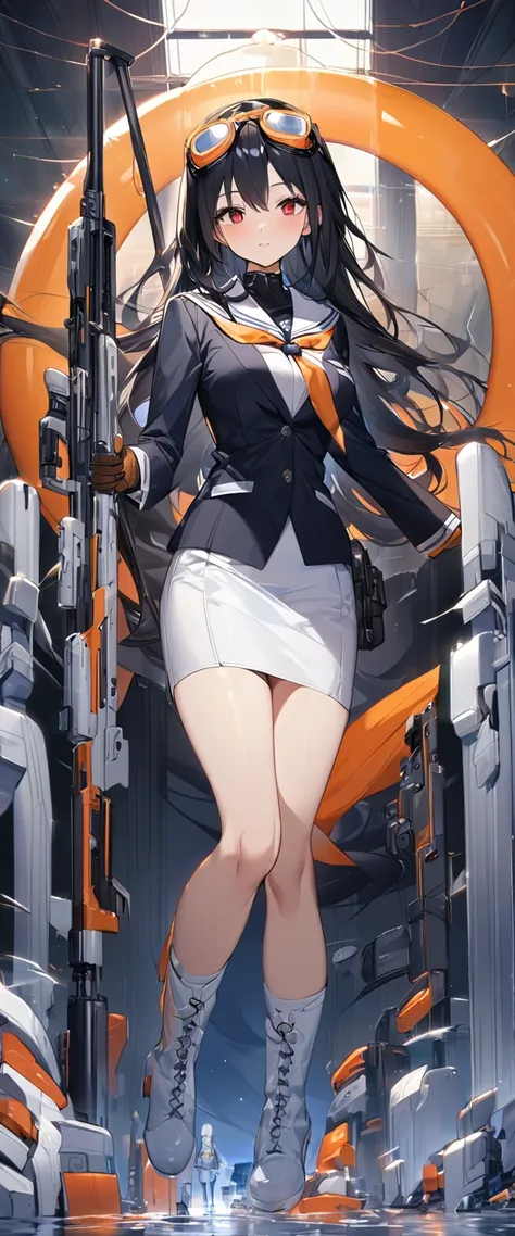 A great anime masterpiece！Pure white sailor uniform with knee-high socks、Very beautiful school girl in tactical boots。Her long black hair flows like silk、Hold a sniper rifle、Red eyes staring at the target。Transparent orange shooting goggles on her head、It ...