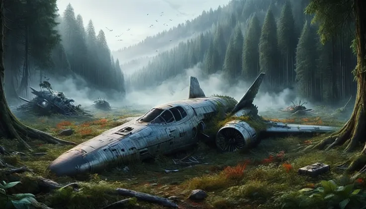 a highly detailed, high-resolution illustration of a crashed spaceship that has landed in a field surrounded by trees and the fr...