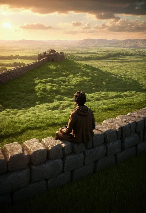 a highly detailed 3d render of eren jaeger sitting atop a massive stone wall, gazing out over a vast, lush green grassland lands...