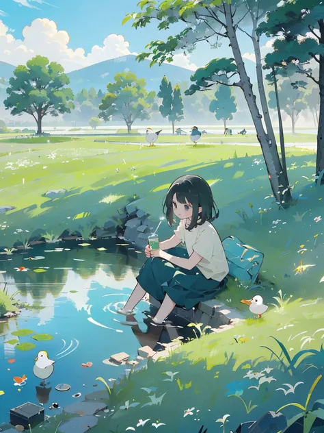 ((A girl sitting by the pond))，(Play in the fields, paddy，Cute ducks, Cute girls), Ghibli background style, Yuru Chara Style，Cute storybook illustrations, , 柔和的Light, cream, Giorgio Morandi colors, Thick Line Graph, Full color illustrations, Picnic in the ...