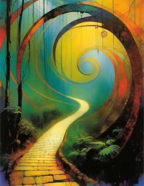 winding path, art inspired by Bill Sienkiewicz and dave mckean
