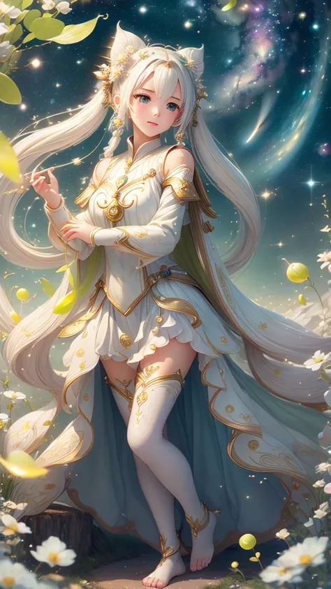 (masterpiece、Highest quality、Highest quality、Beautiful and beautiful:1.2)、The delicate story of a girl with milky white hair、Beautiful eyes looking up at the starry sky、Astrologer costume、The best move、Wrapping up、Fog rising from the feet、flash、Illuminatio...