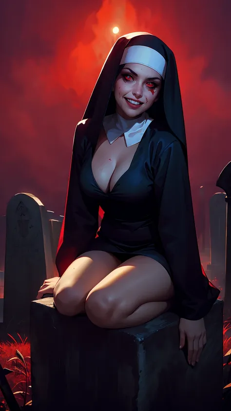 a nun vampire, (straddling:1.2) a tombstone, cleavage, (bloodied face), (glowing_red_eyes), (evil smile:1.2), frown, (in the mid...