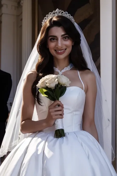 mndngwmn, 1girl, realistic, solo, wedding dress, white dress, satin, lace, ballgown style, smiling, professional photograph, vibrant colors, balanced lighting, holding bouquet, cute, beautiful, perfect face, perfect hands , detailed, veil, tiara, hd, 8k, (...