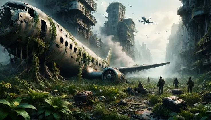 a vivid and detailed description of a dystopian sci-fi landscape with a huge, ruined vertical metropolis. the collapsed boeing. ...