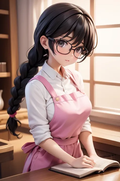 30-year-old woman、Mother,Married women,apron,Hair tied up,Braiding,Black Hair,Braid、Knot、Glasses
