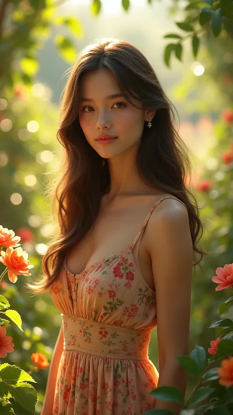 a beautiful young girl, detailed facial features, long hair, serene expression, floral dress, standing in a lush garden, natural sunlight, warm color tones, photorealistic, 8k, professional digital art
