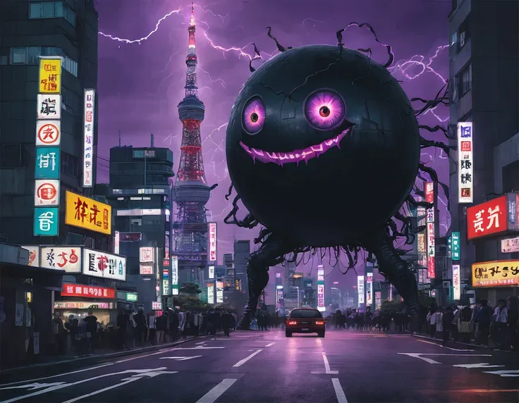 neon street in shibuya, tokyo tower, a huge black ball-shaped monster, huge eyes１it is attached in the center, no mouth, countle...