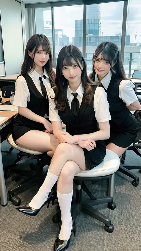 are standing,group shot,office suits,medium hair,pencil skirt,short socks、leg spread,squat,bend over:1.5.ahegao,orgasm,
((highes...