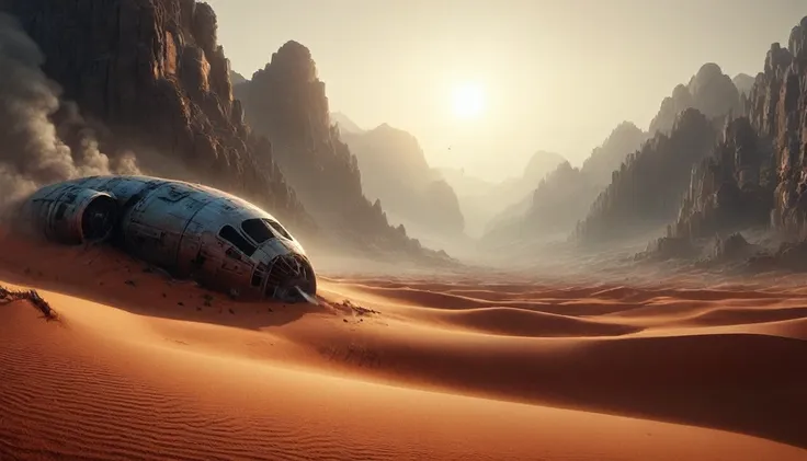 "the forgotten planet, a mysterious desert landscape with ancient ruins featuring cinematic lighting and breathtaking detail. co...